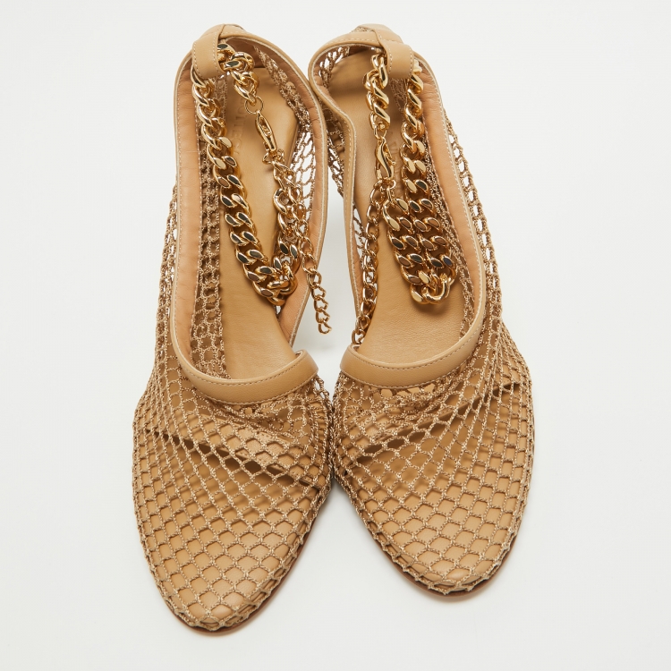 Pre Owned Bottega Veneta Beige Mesh and Leather Chain Ankle Strap D'orsay Pumps Size 36