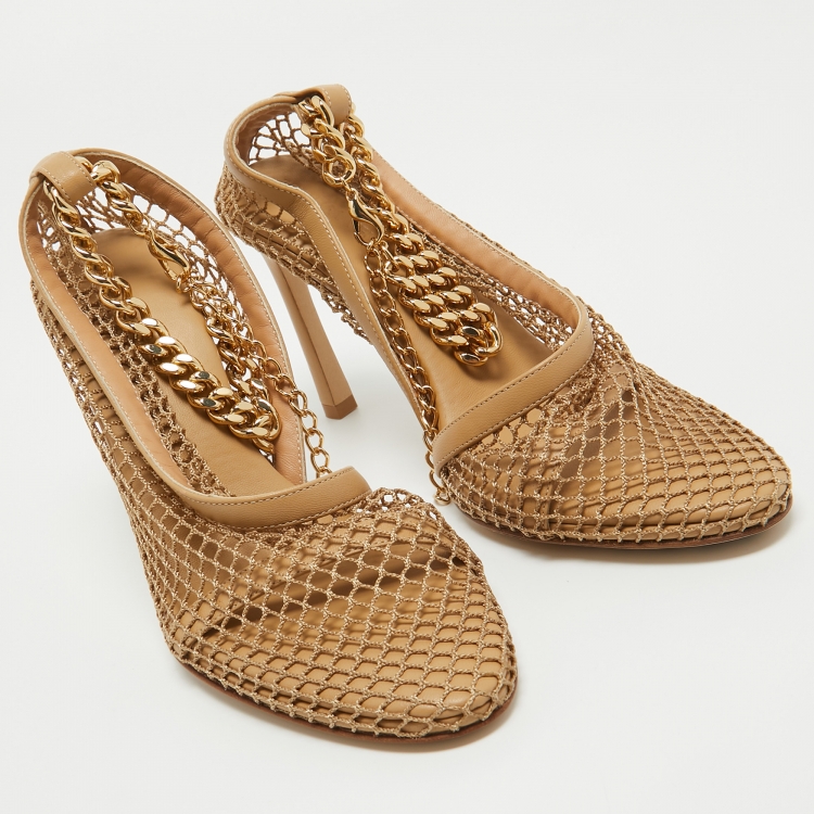 Pre Owned Bottega Veneta Beige Mesh and Leather Chain Ankle Strap D'orsay Pumps Size 36