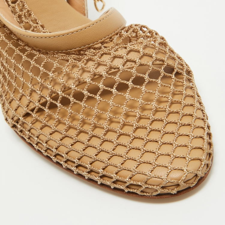 Pre Owned Bottega Veneta Beige Mesh and Leather Chain Ankle Strap D'orsay Pumps Size 36