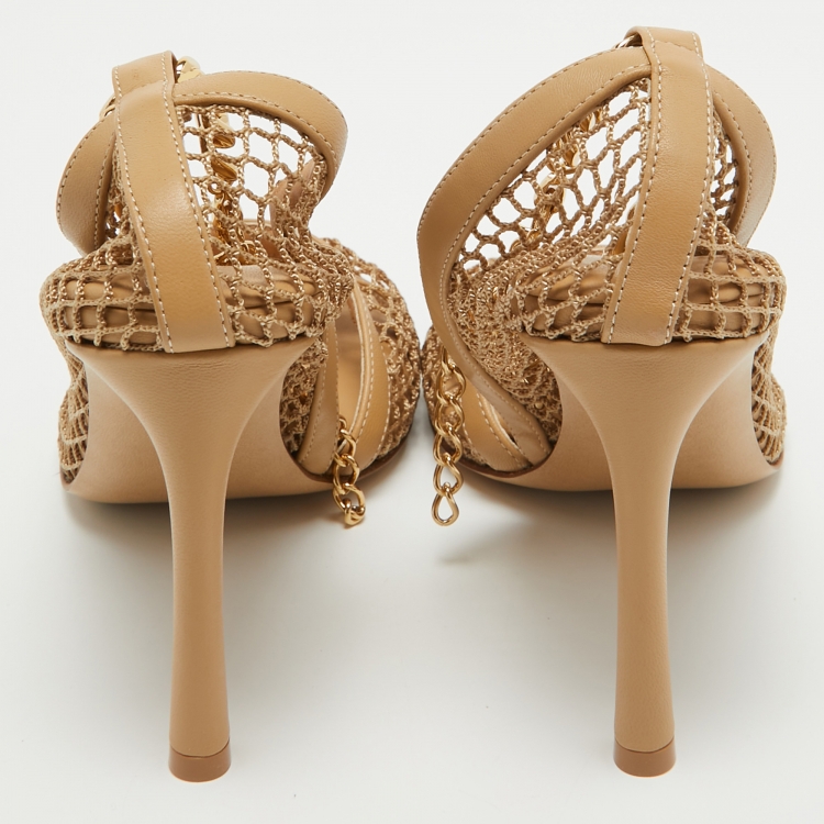Pre Owned Bottega Veneta Beige Mesh and Leather Chain Ankle Strap D'orsay Pumps Size 36