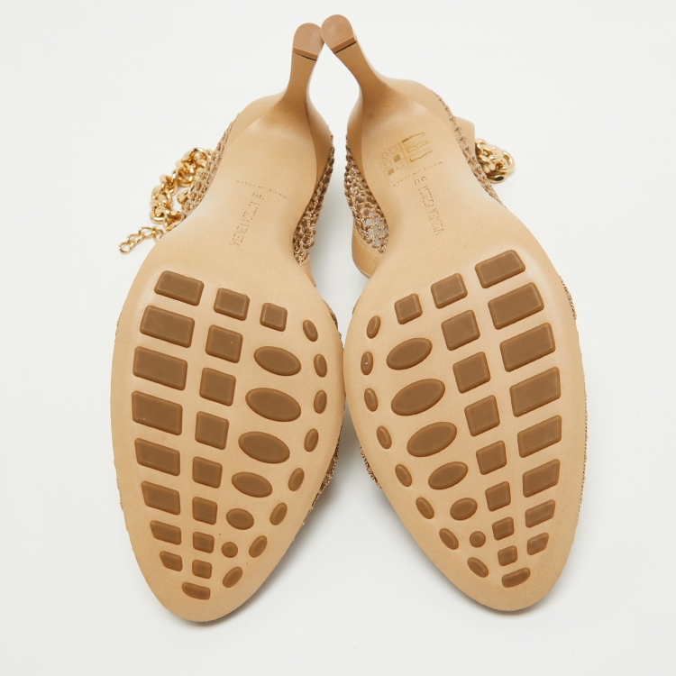 Pre Owned Bottega Veneta Beige Mesh and Leather Chain Ankle Strap D'orsay Pumps Size 36