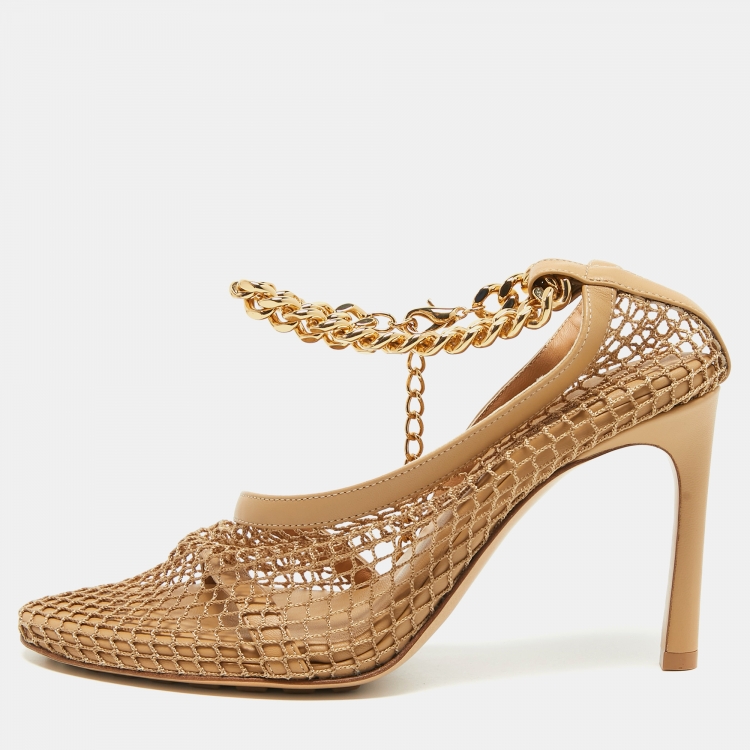Pre Owned Bottega Veneta Beige Mesh and Leather Chain Ankle Strap D'orsay Pumps Size 36