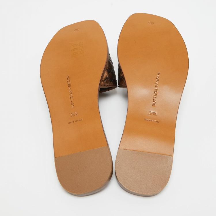 Pre Owned Bottega Veneta Metallic Bronze Leather Intrecciato Slide Flats Size 36.5