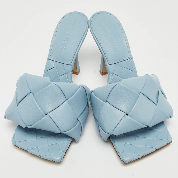 Pre Owned Bottega Veneta Blue Woven Leather Lido Slides Size 36.5 