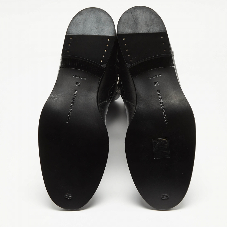 Pre Owned Bottega Veneta Black Leather Intrecciato Buckle Detail Knee Long Boots Size 38