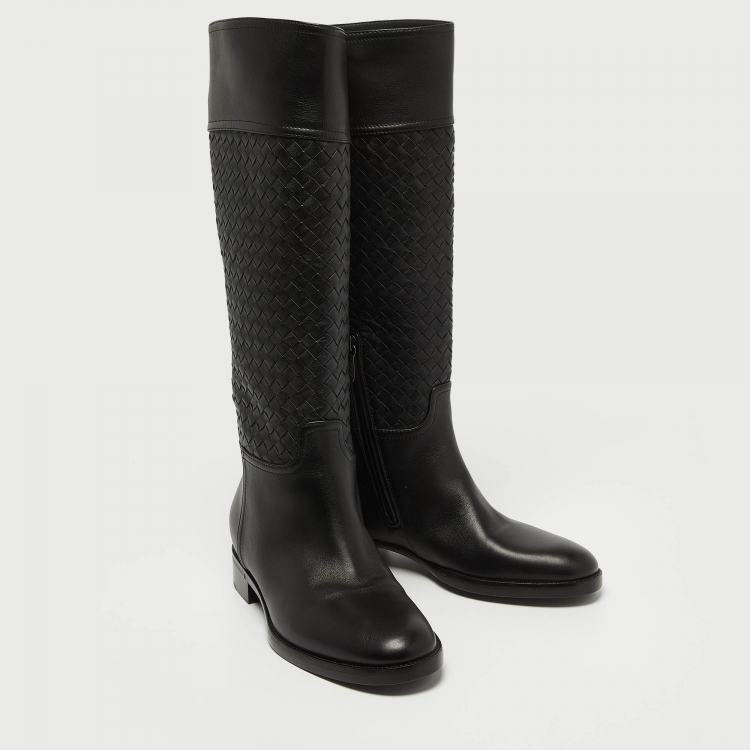 Pre Owned Bottega Veneta Black Leather Intrecciato Buckle Detail Knee Long Boots Size 38