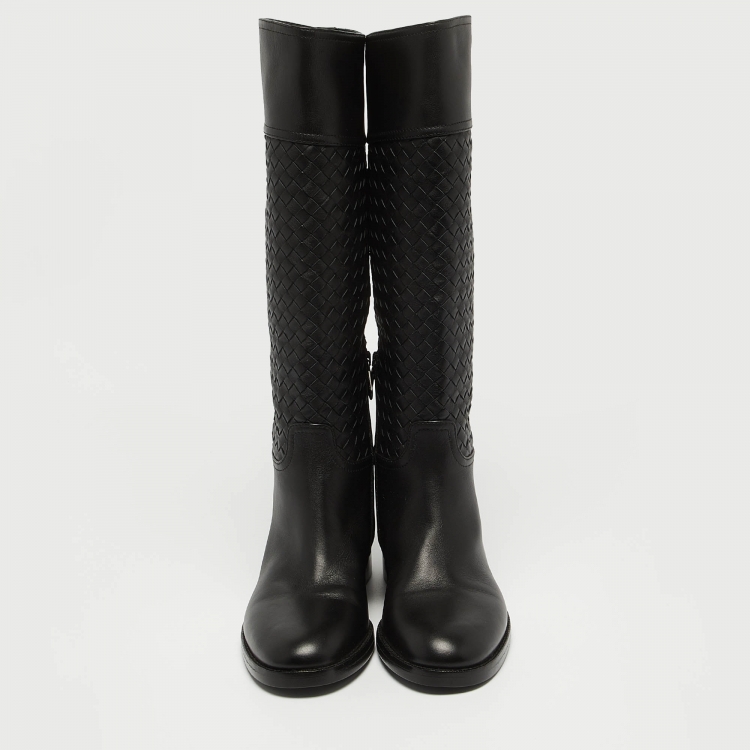 Pre Owned Bottega Veneta Black Leather Intrecciato Buckle Detail Knee Long Boots Size 38