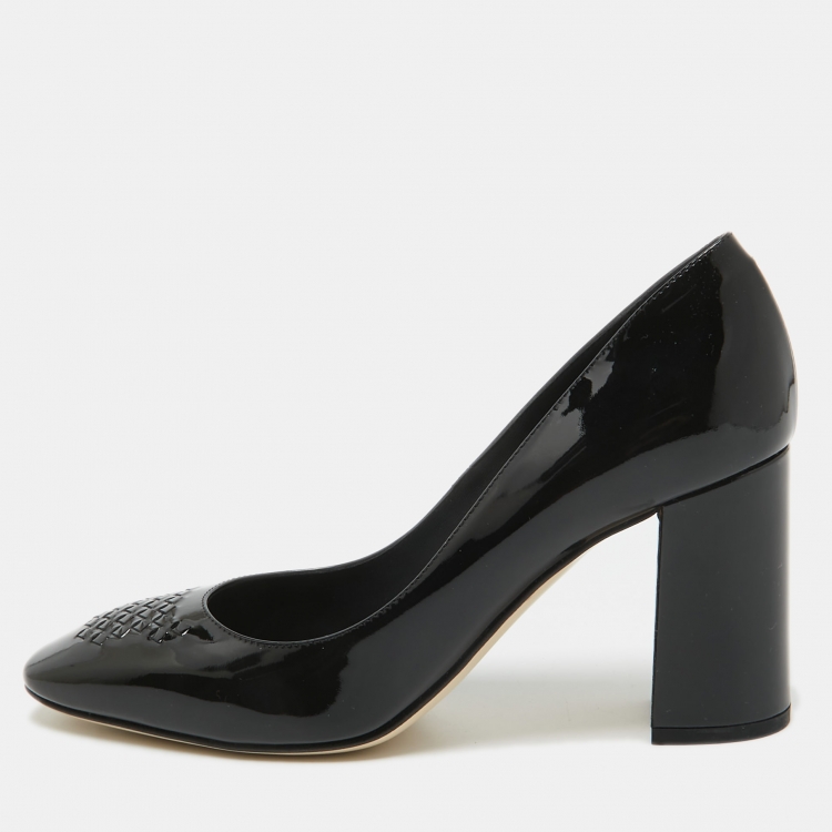 Pre Owned Bottega Veneta Black Patent Leather Intrecciato Detail Block Heel Pumps Size 38.5