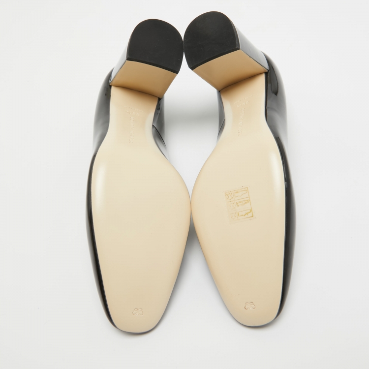 Pre Owned Bottega Veneta Black Patent Leather Intrecciato Detail Block Heel Pumps Size 38.5