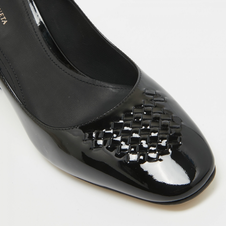 Pre Owned Bottega Veneta Black Patent Leather Intrecciato Detail Block Heel Pumps Size 38.5