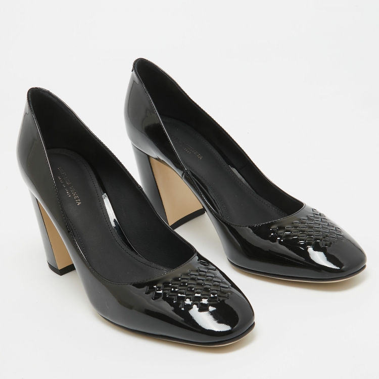 Pre Owned Bottega Veneta Black Patent Leather Intrecciato Detail Block Heel Pumps Size 38.5