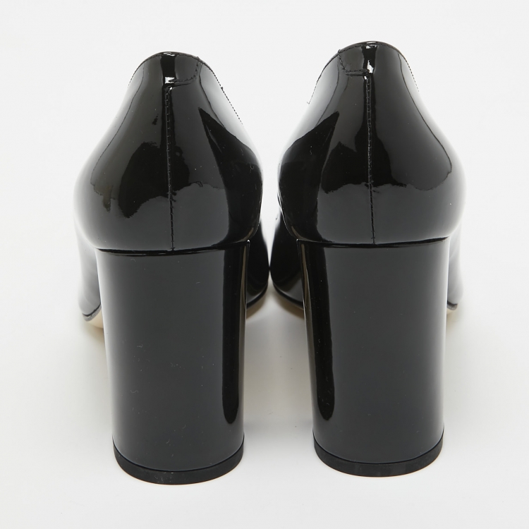 Pre Owned Bottega Veneta Black Patent Leather Intrecciato Detail Block Heel Pumps Size 38.5