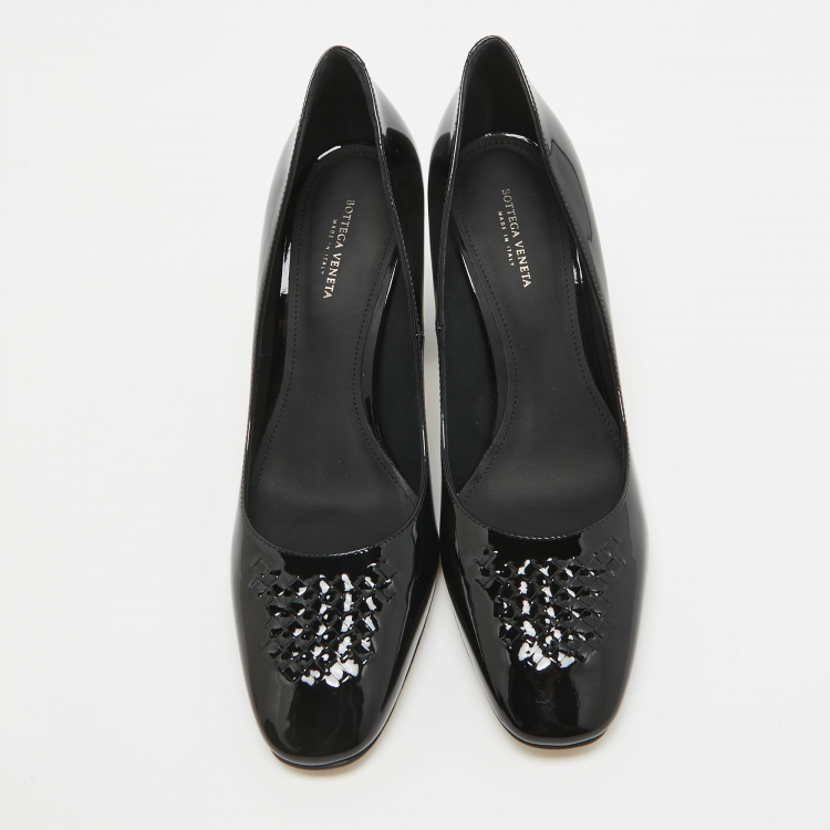 Pre Owned Bottega Veneta Black Patent Leather Intrecciato Detail Block Heel Pumps Size 38.5