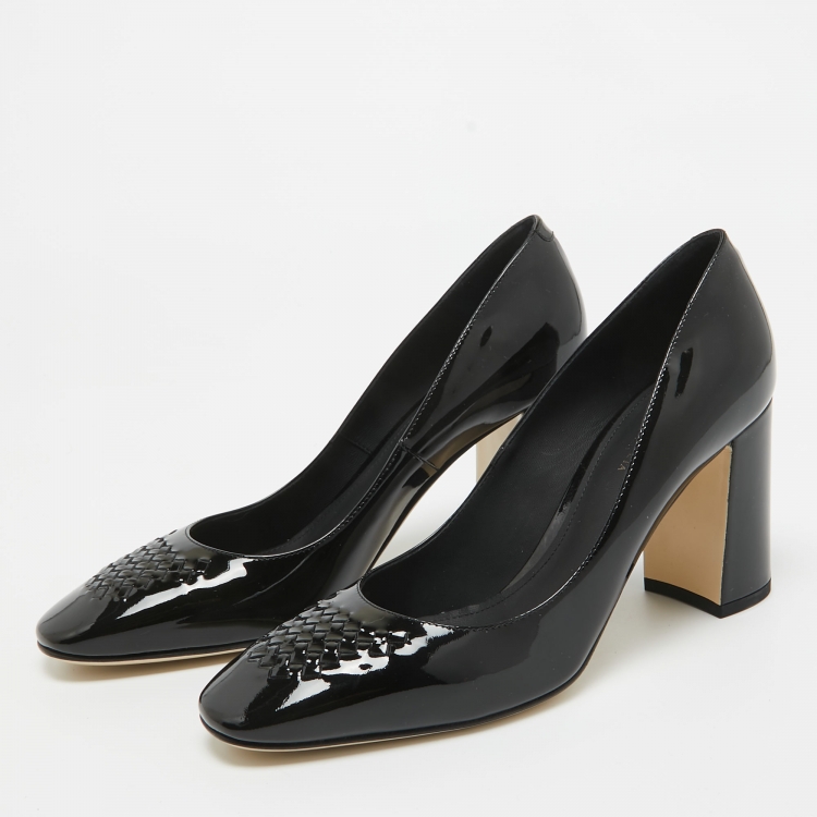 Pre Owned Bottega Veneta Black Patent Leather Intrecciato Detail Block Heel Pumps Size 38.5