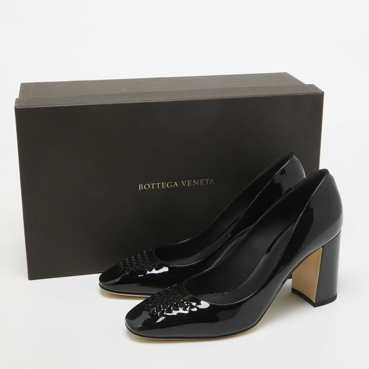 Pre Owned Bottega Veneta Black Patent Leather Intrecciato Detail Block Heel Pumps Size 38.5