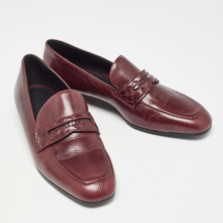 Pre Owned Bottega Veneta Burgundy Leather Penny Slip On Loafers Size 38