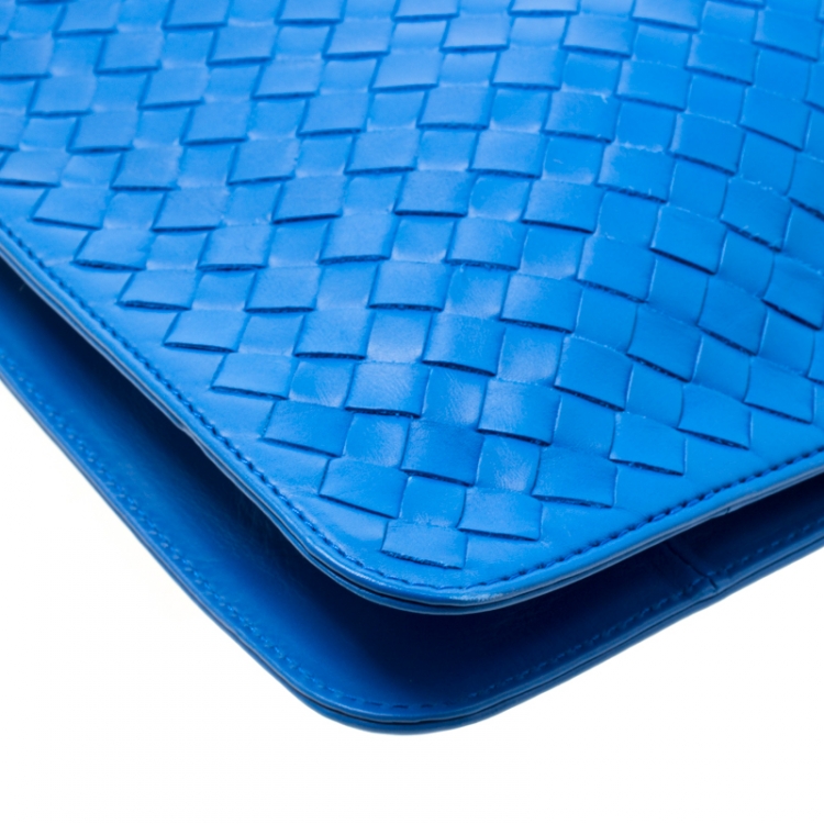 Pre Owned Bottega Veneta Blue Intrecciato Leather Flat Briefcase