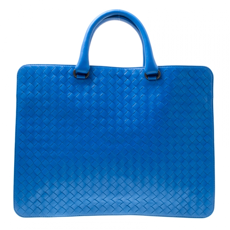 Pre Owned Bottega Veneta Blue Intrecciato Leather Flat Briefcase