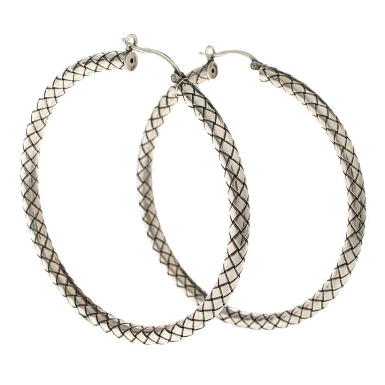 Pre Owned Bottega Veneta Intrecciato Braided Silver Hoop Earrings