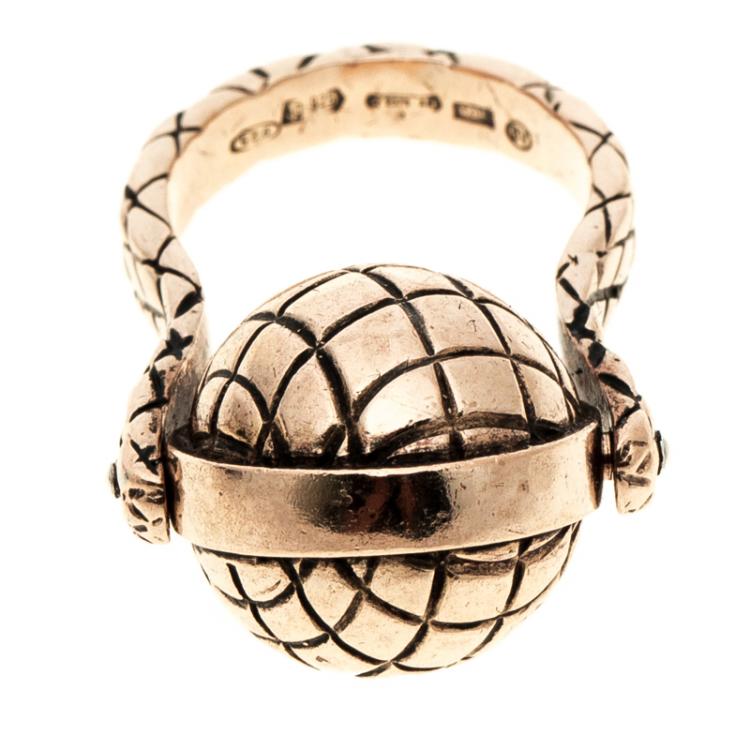 Pre Owned Bottega Veneta Textured Spinning Ball Gold Plated Silver Ring Size 51