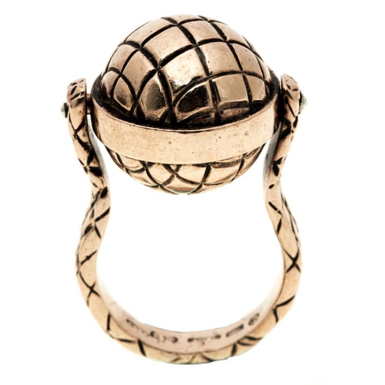 Pre Owned Bottega Veneta Textured Spinning Ball Gold Plated Silver Ring Size 51