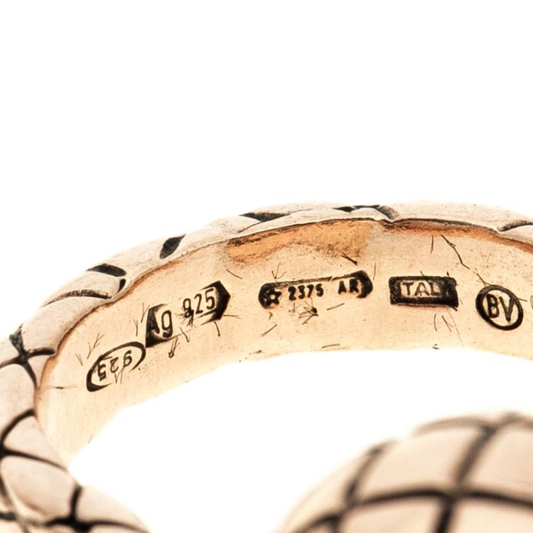 Pre Owned Bottega Veneta Textured Spinning Ball Gold Plated Silver Ring Size 51