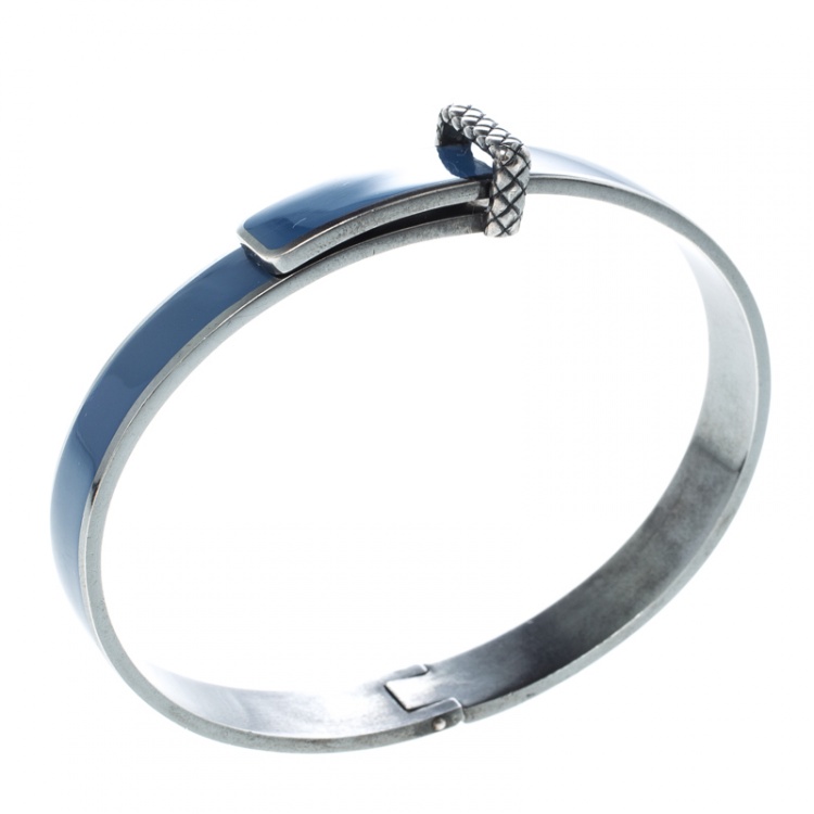 Pre Owned Bottega Veneta Intrecciato Blue Enamel Oxidized Silver Narrow Bracelet S