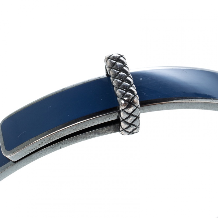 Pre Owned Bottega Veneta Intrecciato Blue Enamel Oxidized Silver Narrow Bracelet S