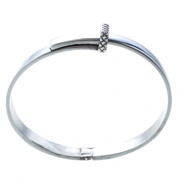 Pre Owned Bottega Veneta Intrecciato Blue Enamel Oxidized Silver Narrow Bracelet S