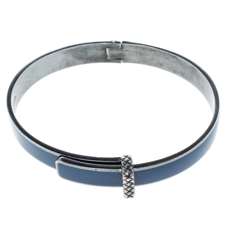 Pre Owned Bottega Veneta Intrecciato Blue Enamel Oxidized Silver Narrow Bracelet S