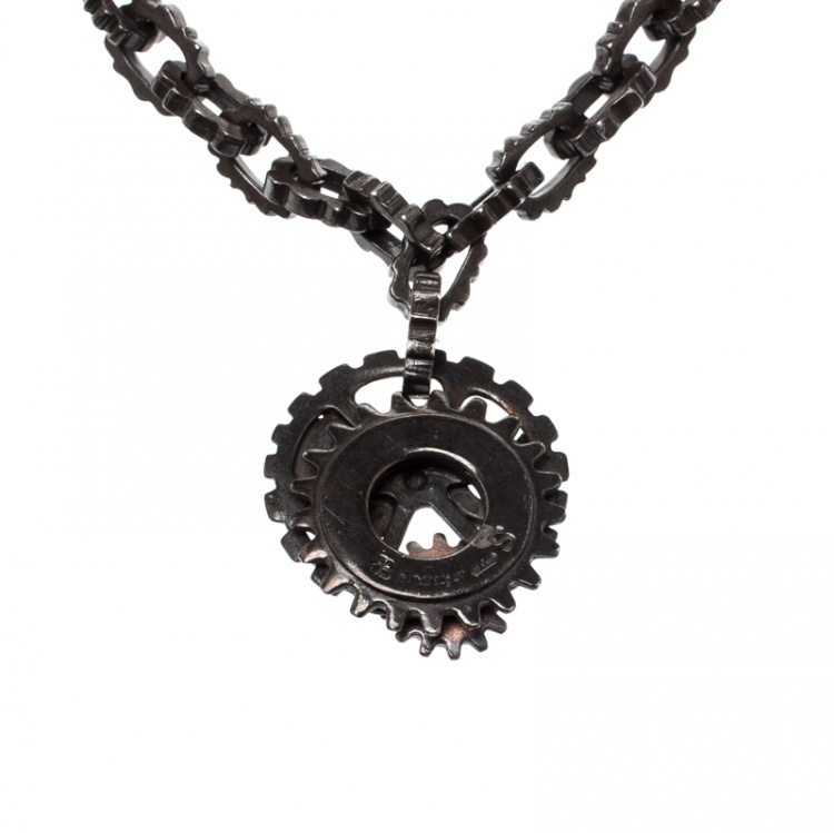 Pre Owned Bottega Veneta Brown Gear Chain Silver Link Bracelet S