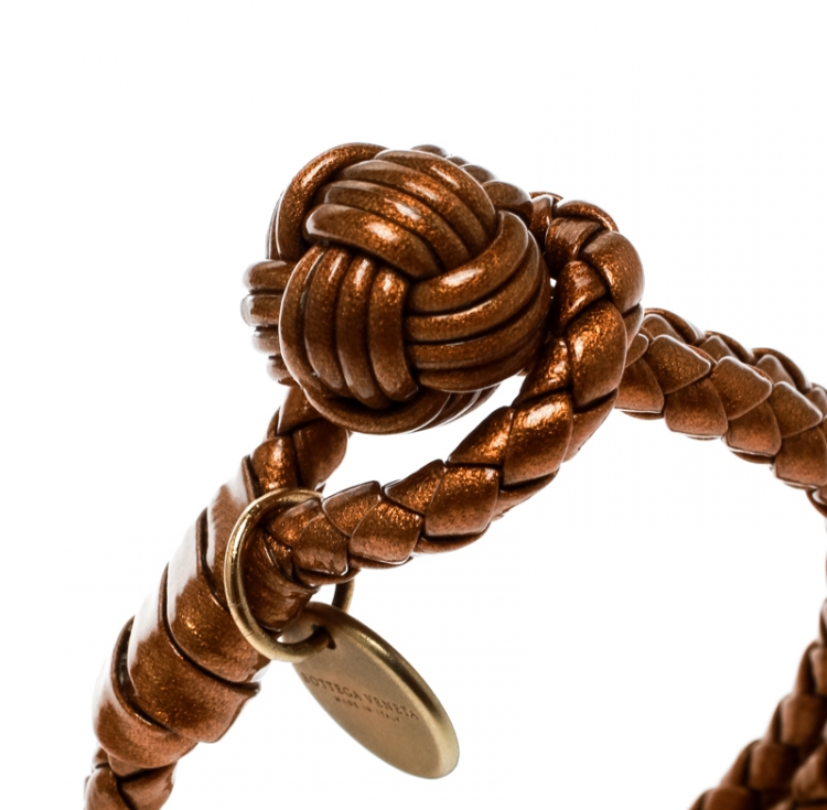 Pre Owned Bottega Veneta Intrecciato Metallic Leather Gold Plated Bracelet