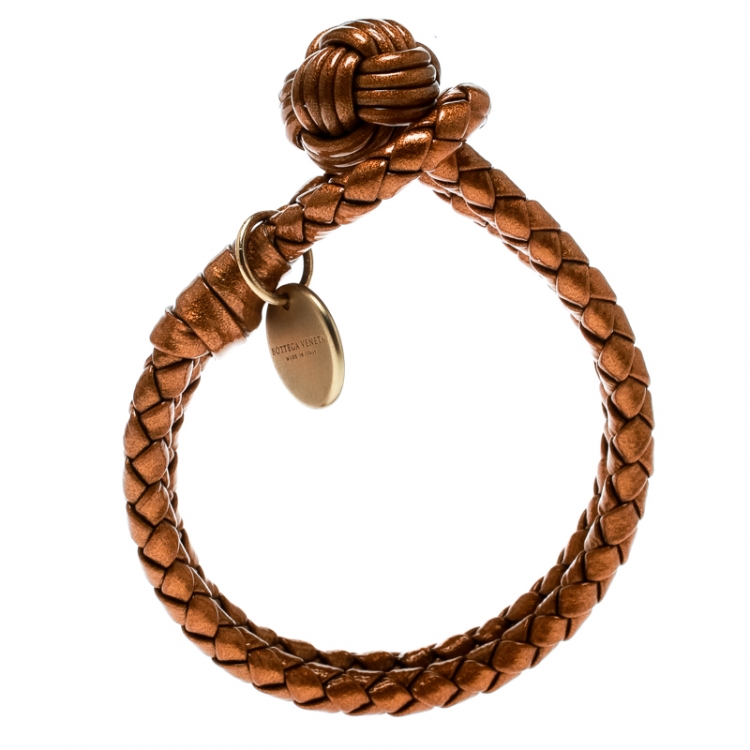 Pre Owned Bottega Veneta Intrecciato Metallic Leather Gold Plated Bracelet