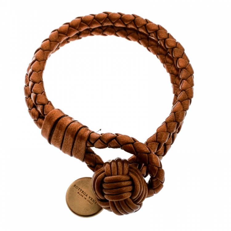 Pre Owned Bottega Veneta Intrecciato Metallic Leather Gold Plated Bracelet