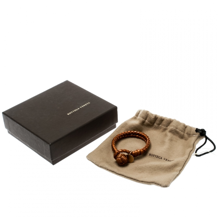 Pre Owned Bottega Veneta Intrecciato Metallic Leather Gold Plated Bracelet
