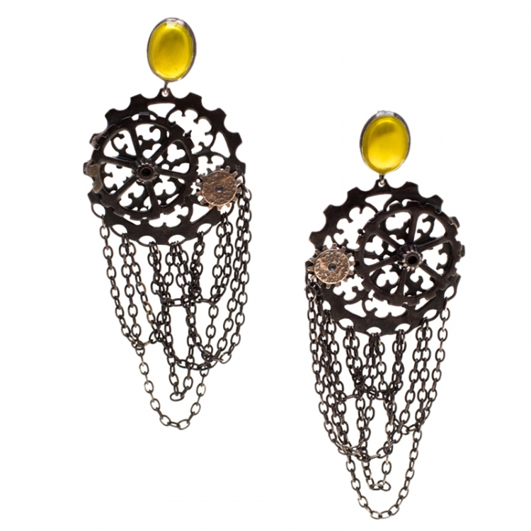 Pre Owned Bottega Veneta Ingranaggi Enamel Oxidized Silver Long Earrings