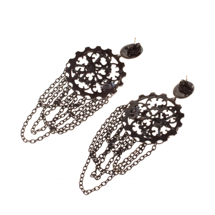 Pre Owned Bottega Veneta Ingranaggi Enamel Oxidized Silver Long Earrings