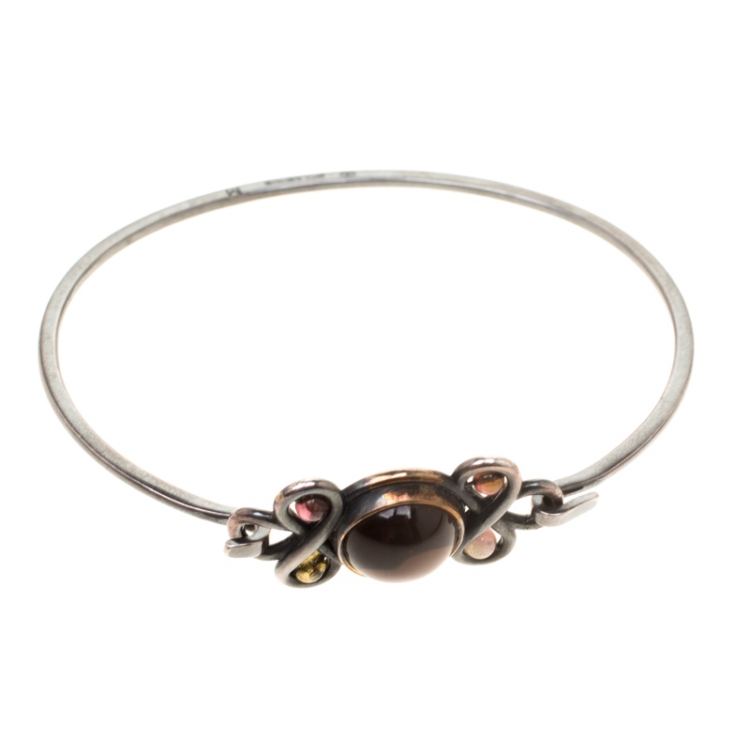Pre Owned Bottega Veneta Smoky Quartz Tourmaline Silver Hook Bracelet 