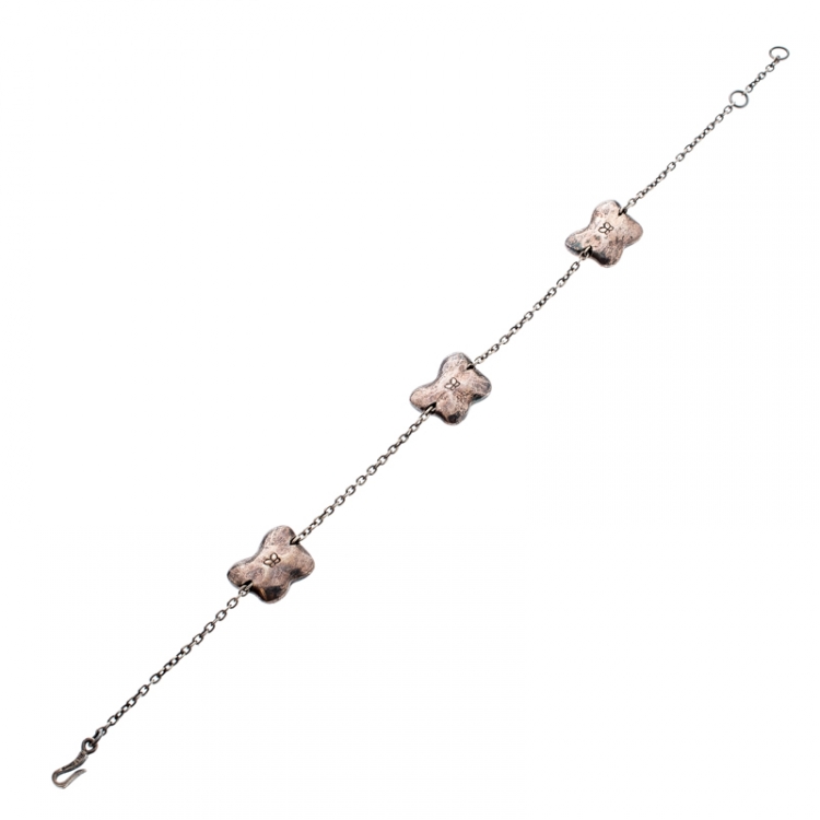 Pre Owned Bottega Veneta Intrecciato Engraved Butterfly Charm Sterling Silver Bracelet S
