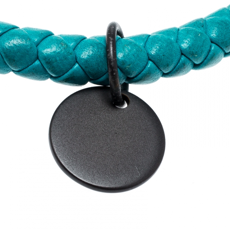 Pre Owned Bottega Veneta Blue Intrecciato Woven Leather Bangle Bracelet M