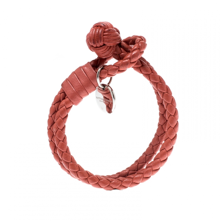 Pre Owned Bottega Veneta Intrecciato Nappa Pink Leather Double Strand Bracelet 