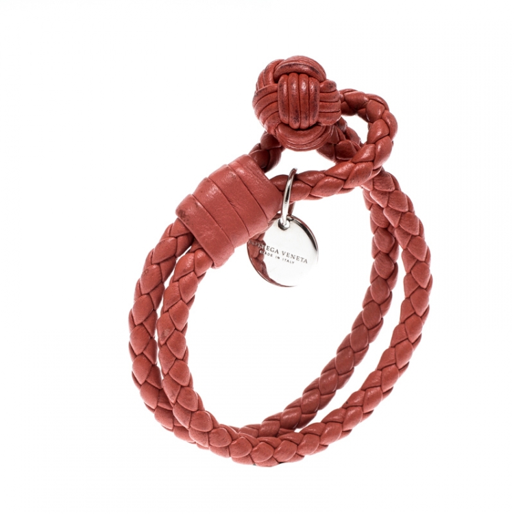 Pre Owned Bottega Veneta Intrecciato Nappa Pink Leather Double Strand Bracelet 