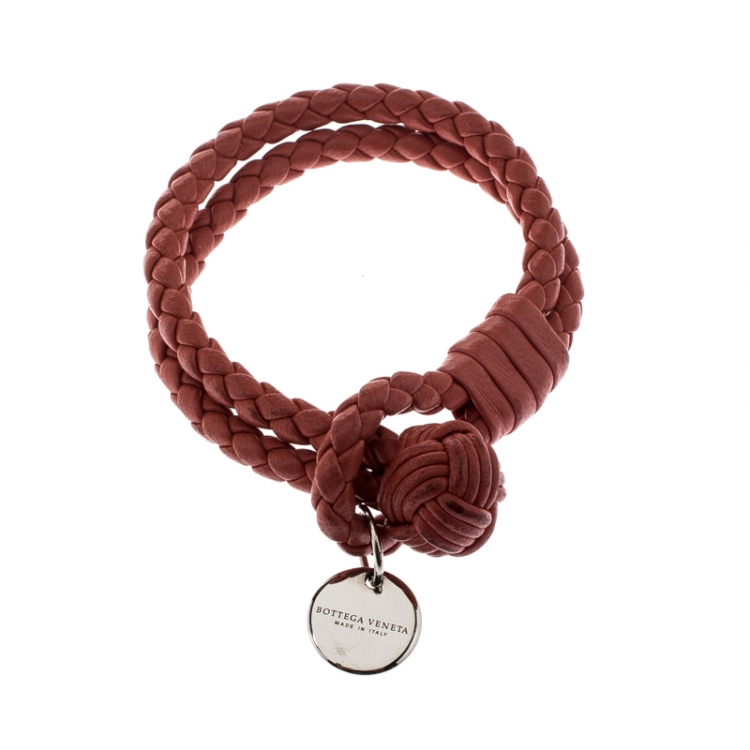 Pre Owned Bottega Veneta Intrecciato Nappa Pink Leather Double Strand Bracelet 