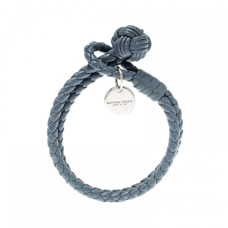 Pre Owned Bottega Veneta Intrecciato Nappa Blue Leather Double Strand Bracelet 