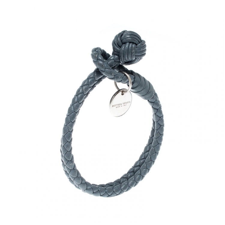 Pre Owned Bottega Veneta Intrecciato Nappa Blue Leather Double Strand Bracelet 