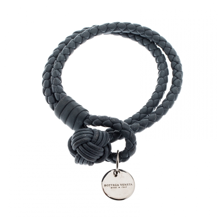 Pre Owned Bottega Veneta Intrecciato Nappa Blue Leather Double Strand Bracelet 