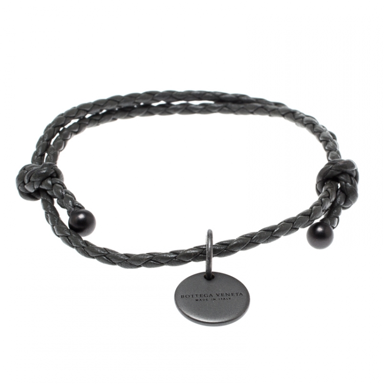 Pre Owned Bottega Veneta Intrecciato Nappa Grey Woven Leather Adjustable Bracelet 