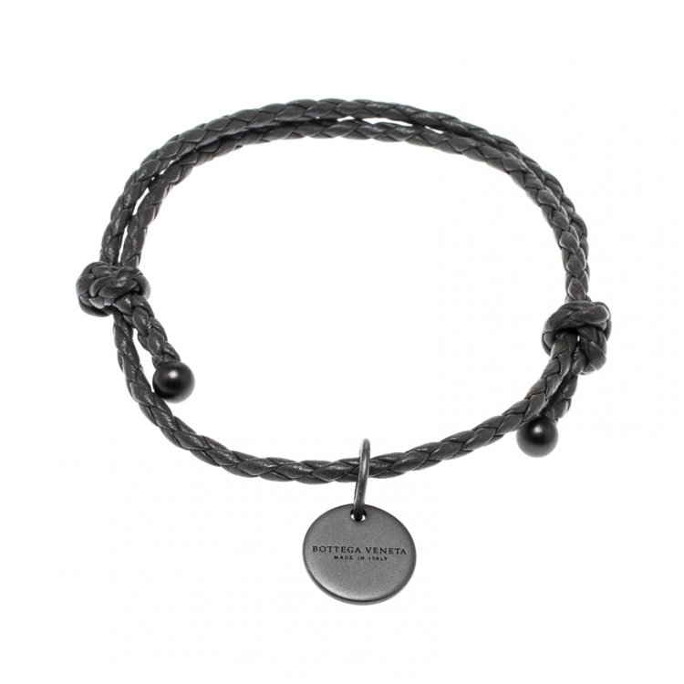 Pre Owned Bottega Veneta Intrecciato Nappa Grey Woven Leather Adjustable Bracelet 