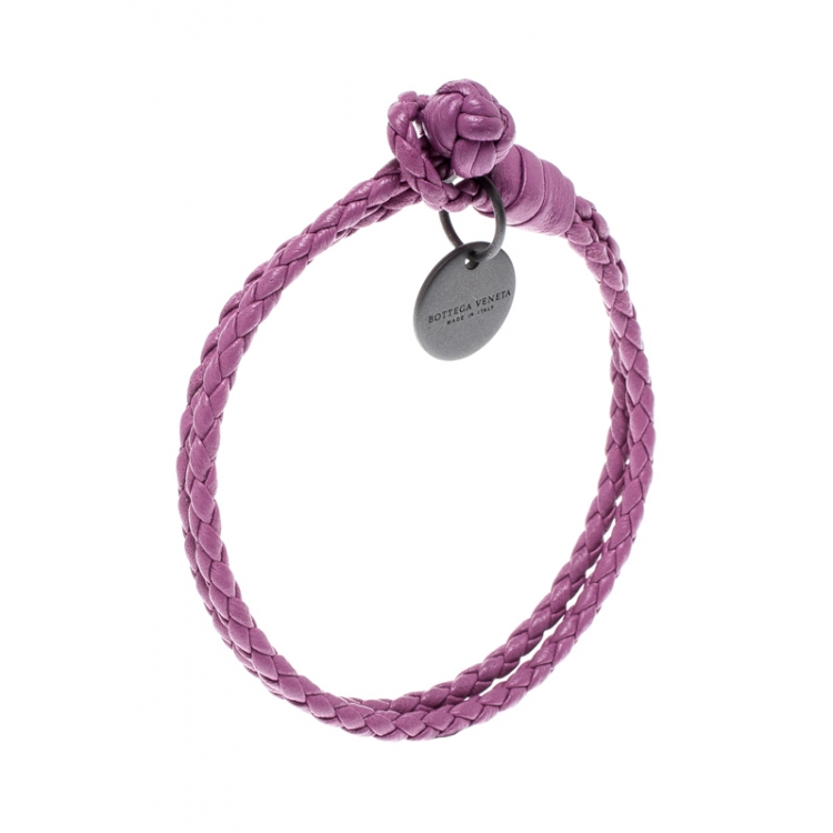 Pre Owned Bottega Veneta Intrecciato Nappa Purple Leather Double Strand Bracelet 