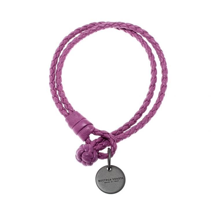 Pre Owned Bottega Veneta Intrecciato Nappa Purple Leather Double Strand Bracelet 
